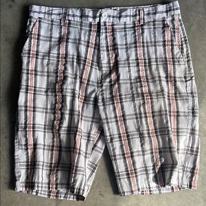 Men's Plaid Casual Shorts - White with Gray & Orange Stripes